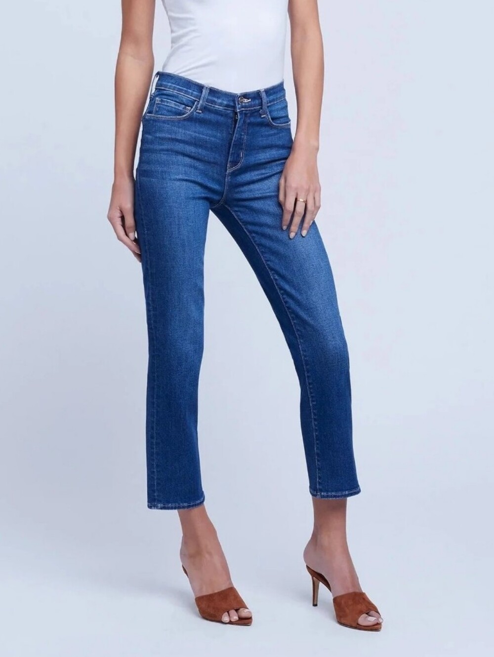 L'Agence Alexia High Waist Crop Straight Leg Cigarette Jeans Medium Wash Size 32